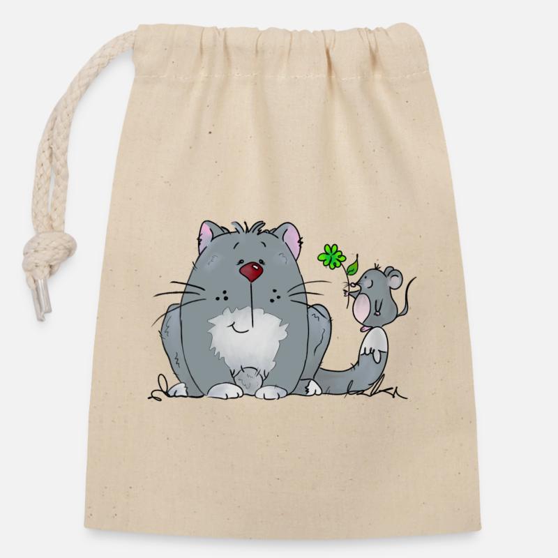 Chat et souris - Sac cadeau en coton avec cordon (14 x 20 cm) - nature