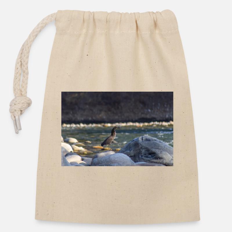le héron et le poisson - Sac cadeau en coton avec cordon (14 x 20 cm) - nature