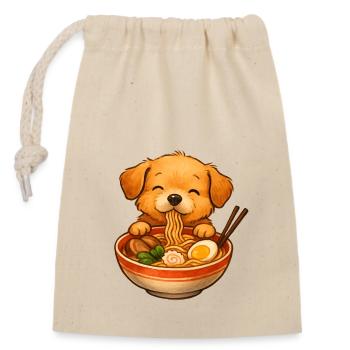 Cute little dog eating ramen noodles from bowl - Closable cotton gift bag (14x20cm) - nature - Front