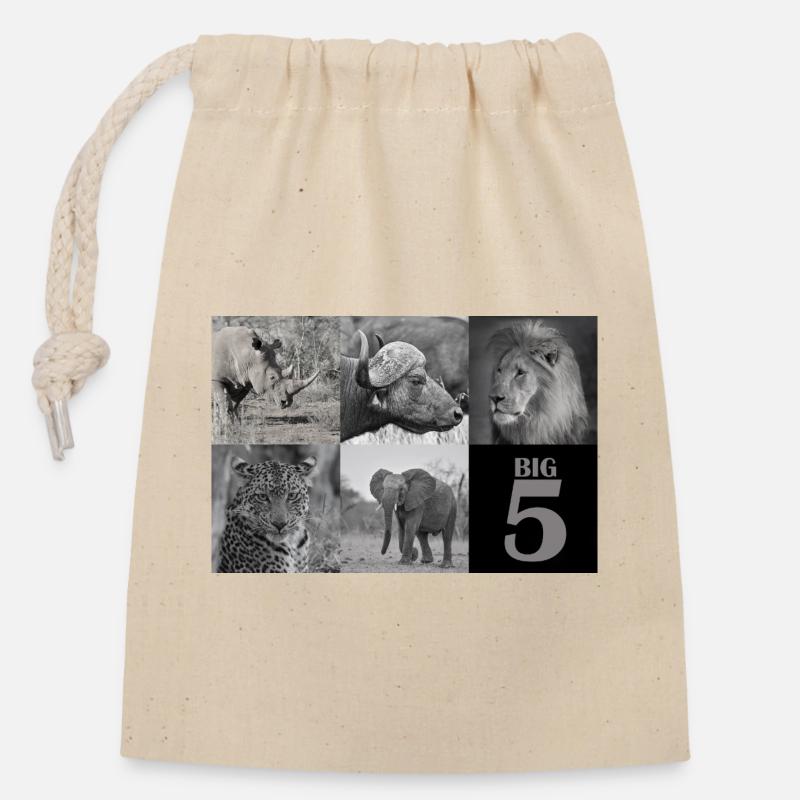 Afrikas Big 5 - Verschließbarer Geschenkbeutel aus Baumwolle (14x20cm) - Natur