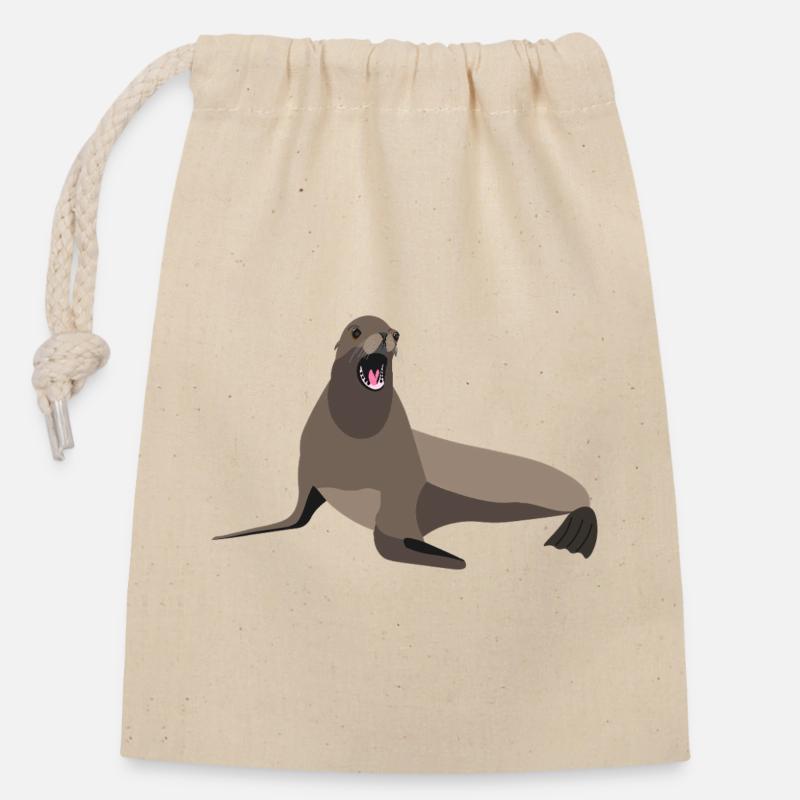 Imprimé de lions de mer - Sac cadeau en coton avec cordon (14 x 20 cm) - nature