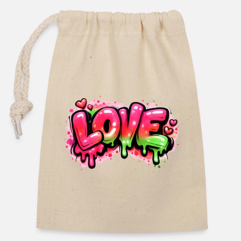 Amour - Sac cadeau en coton avec cordon (14 x 20 cm) - nature