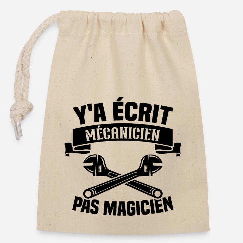 Y'a écrit mécanicien pas magicien - Sac cadeau en coton avec cordon (14 x 20 cm) - nature
