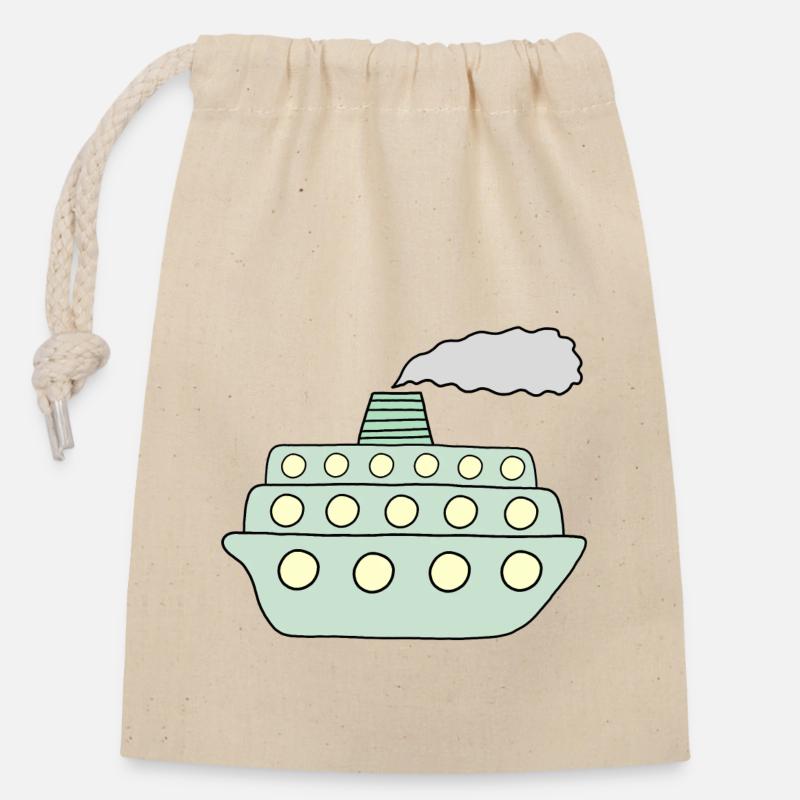 Green Ship - Closable cotton gift bag (14x20cm) - nature
