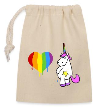 Rosa Einhorn pinkelt ein großes Herz in Regenbogen - Verschließbarer Geschenkbeutel aus Baumwolle (14x20cm) - Natur - Vorne