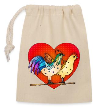 Coq et poule - Sac cadeau en coton avec cordon (14 x 20 cm) - nature - Devant