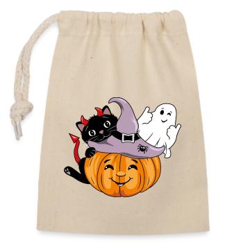 Smiling pumpkin with black cat and winking ghost - Closable cotton gift bag (14x20cm) - nature - Front