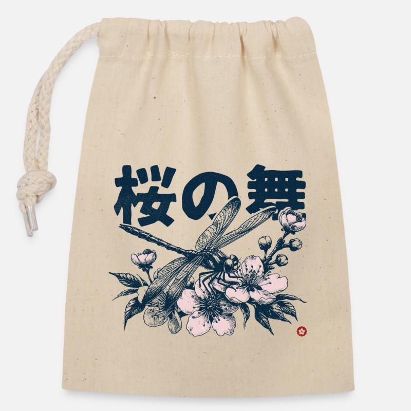 Libelle 'Tanz der Sakura' - Verschließbarer Geschenkbeutel aus Baumwolle (14x20cm) - Natur