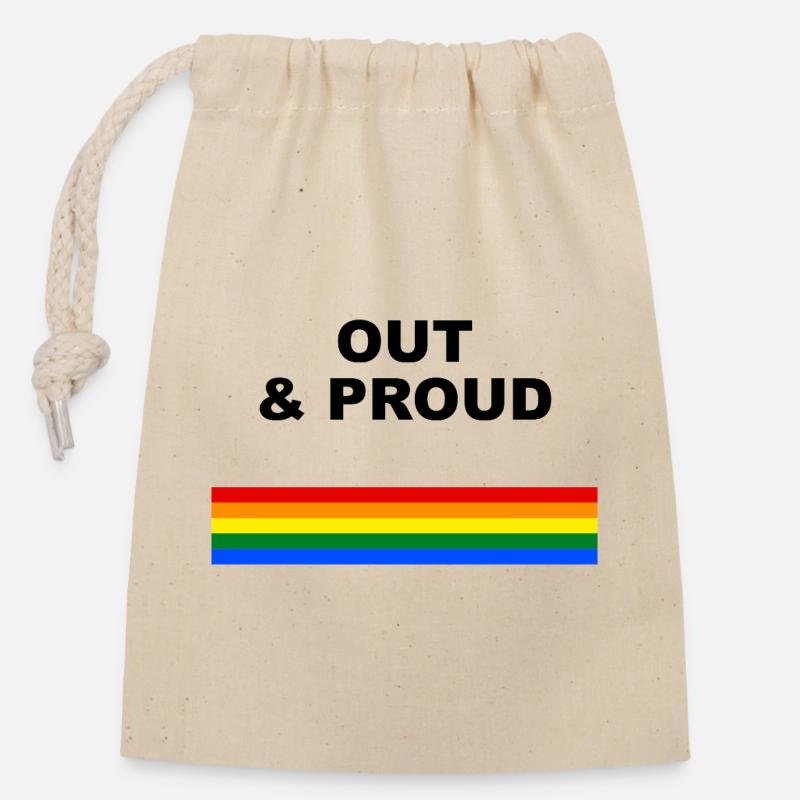 Out & Proud Regenbogen Flaggen Design - Verschließbarer Geschenkbeutel aus Baumwolle (14x20cm) - Natur