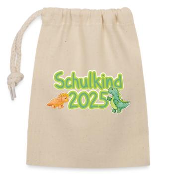 Schulkind 2025 Dino - Verschließbarer Geschenkbeutel aus Baumwolle (14x20cm) - Natur - Vorne