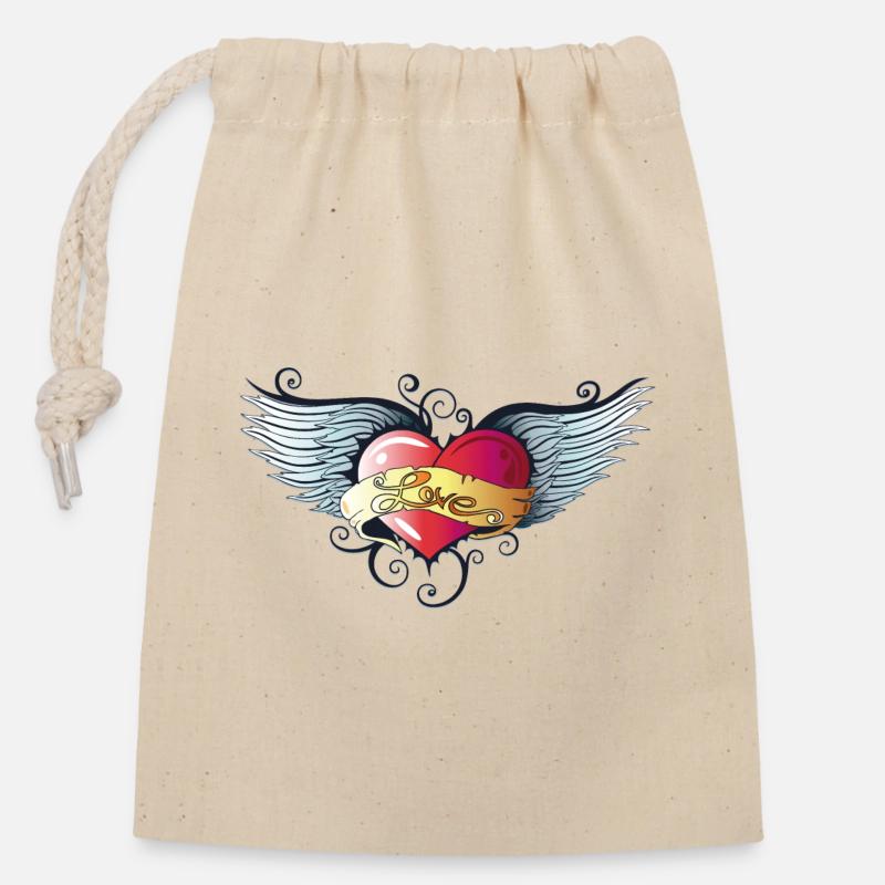 Grande cuore con le ali, stile tatuaggio. - Sacchetto regalo richiudibile in cotone (14x20 cm) - natura