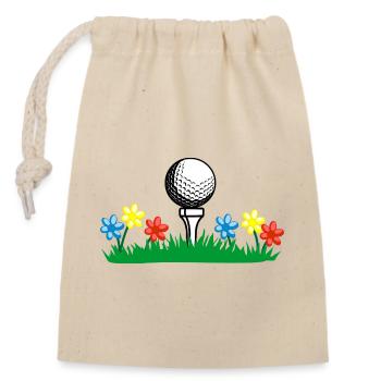 Bâton de golf et balle sur la pelouse avec des fleurs - Sac cadeau en coton avec cordon (14 x 20 cm) - nature - Devant