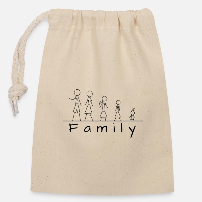 Famille de figurines en bâton - Sac cadeau en coton avec cordon (14 x 20 cm) - nature