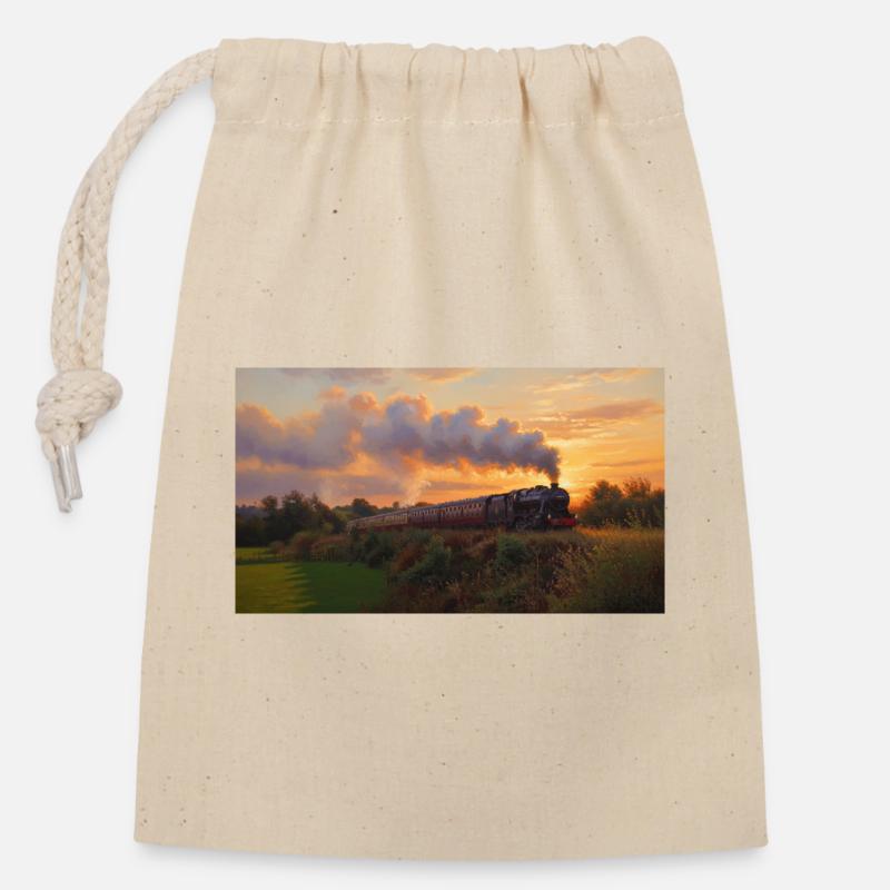 Sunset Steam Train - Verschließbarer Geschenkbeutel aus Baumwolle (14x20cm) - Natur