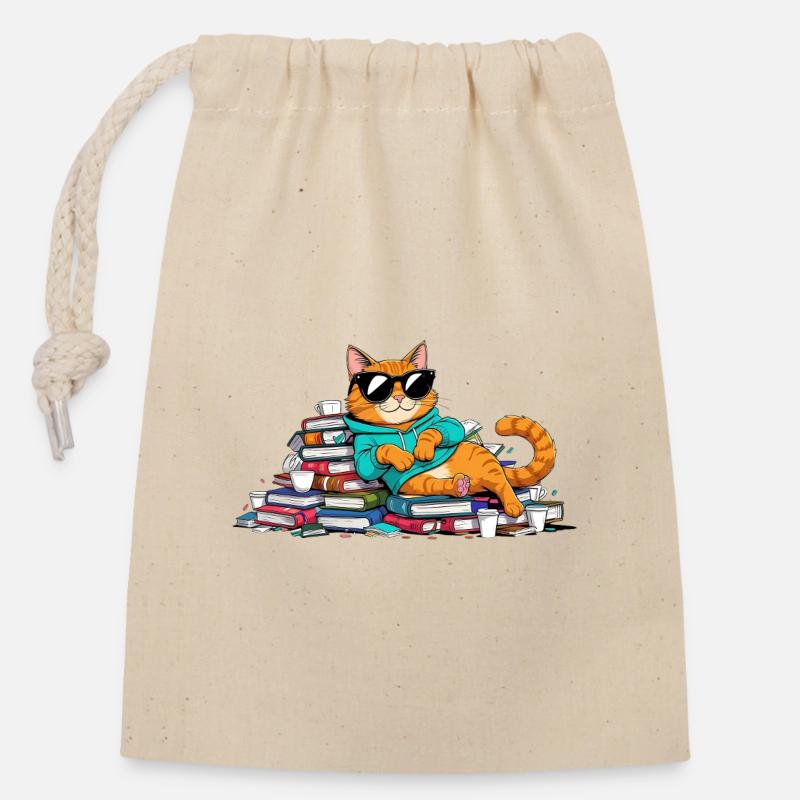 Lässiger Bücherwurm Kater mit Sonnenbrille - Verschließbarer Geschenkbeutel aus Baumwolle (14x20cm) - Natur