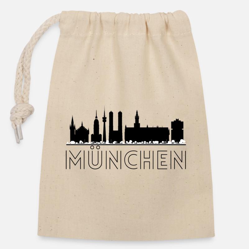 München Motiv mit Silhouette der Stadt in schwarz - Verschließbarer Geschenkbeutel aus Baumwolle (14x20cm) - Natur