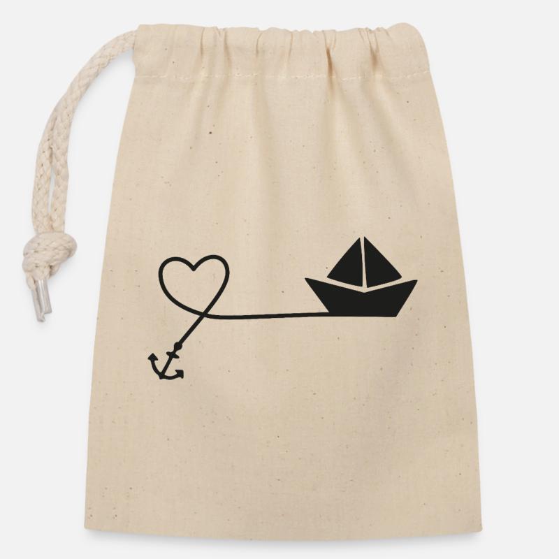 Papierboot Skizze – Segelboot mit Anker und Schnur - Verschließbarer Geschenkbeutel aus Baumwolle (14x20cm) - Natur