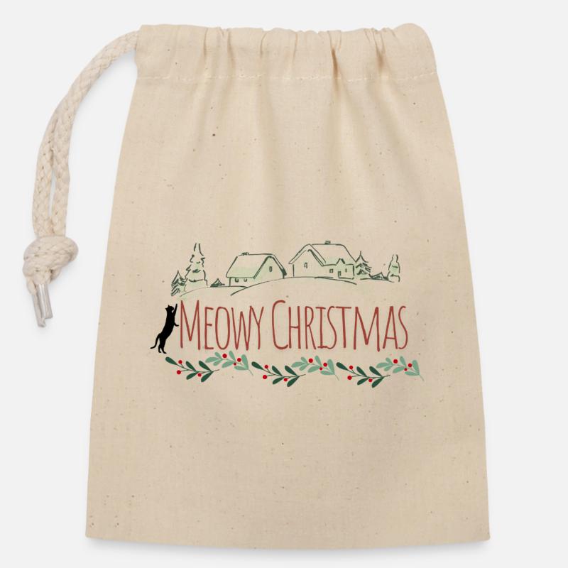 Meowy Christmas - Closable cotton gift bag (14x20cm) - nature
