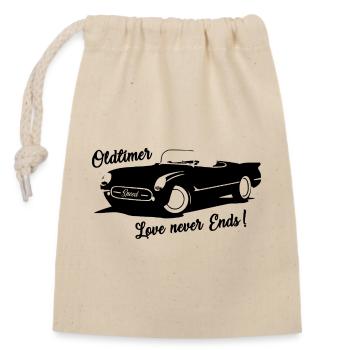 Oldtimer - Love never ends - Auto mit Schrift - Verschließbarer Geschenkbeutel aus Baumwolle (14x20cm) - Natur - Vorne