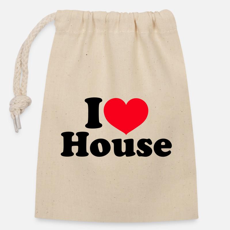 I Love House - Verschließbarer Geschenkbeutel aus Baumwolle (14x20cm) - Natur