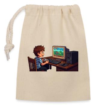 Retro gamer child on PC - Closable cotton gift bag (14x20cm) - nature - Front