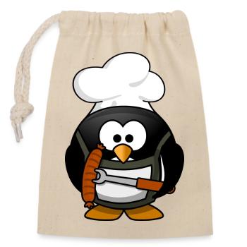 Cooking penguin with grilled sausage - Closable cotton gift bag (14x20cm) - nature - Front
