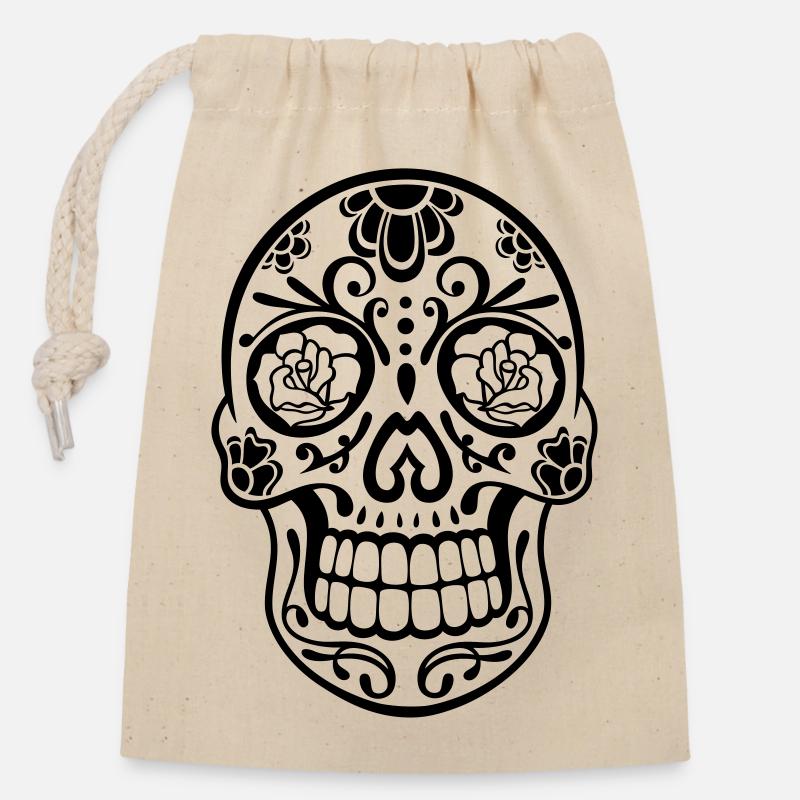 Sugar Skull Floral – Día de los Muertos Skull - Closable cotton gift bag (14x20cm) - nature