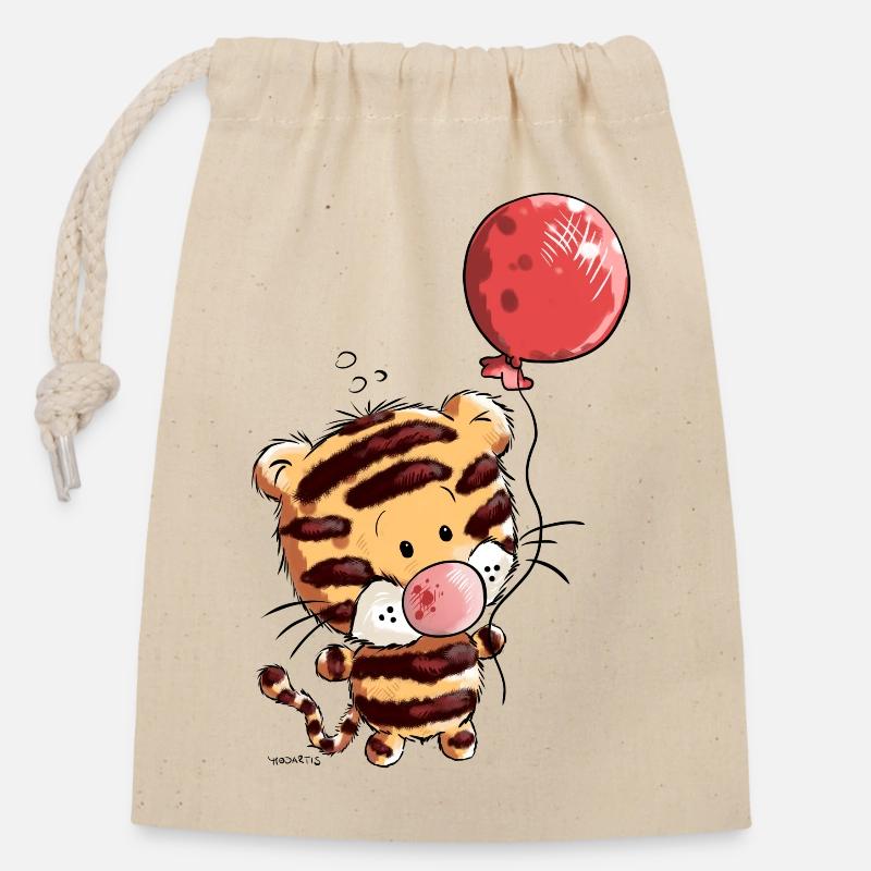 Niedlicher Tiger mit Ballon I Luftballon Tierkind  - Verschließbarer Geschenkbeutel aus Baumwolle (14x20cm) - Natur