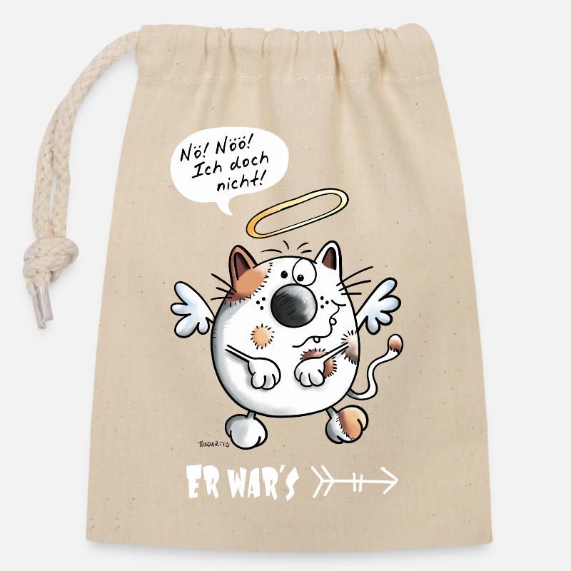 Er war's - Katze - Katzen - Engel - Comic - Verschließbarer Geschenkbeutel aus Baumwolle (14x20cm) - Natur