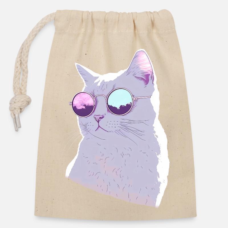 Chat avec lunette de soleil - Sac cadeau en coton avec cordon (14 x 20 cm) - nature