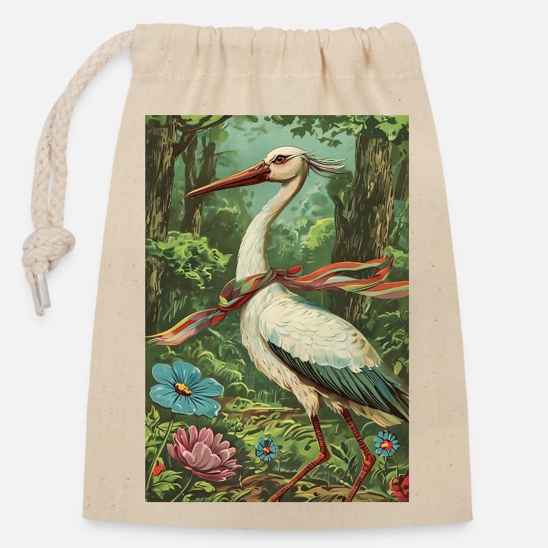 Vintage Stork - Closable cotton gift bag (14x20cm) - nature