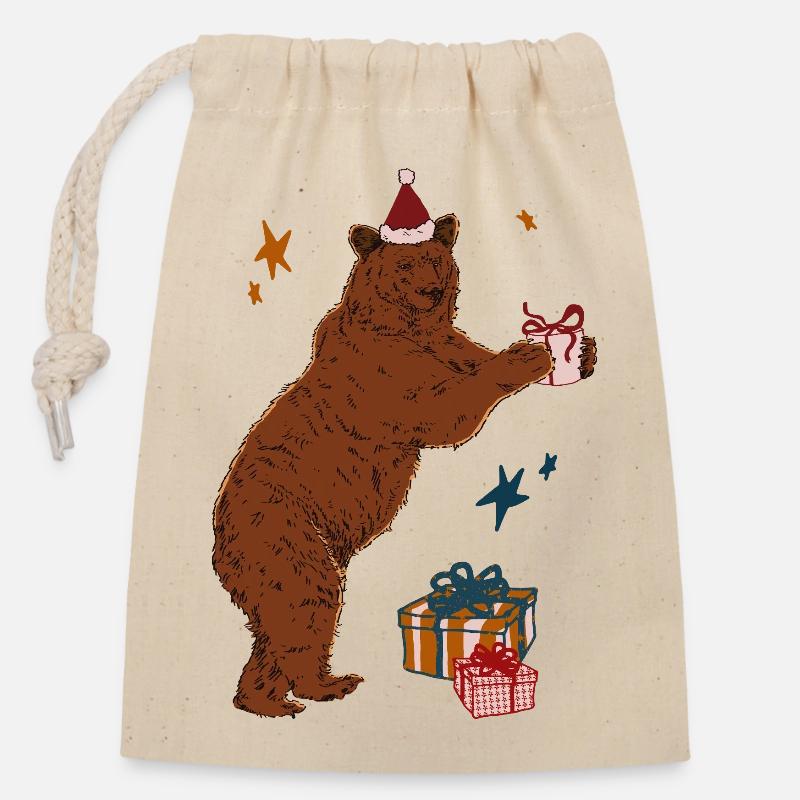 CHRISTMAS BEAR - Closable cotton gift bag (14x20cm) - nature