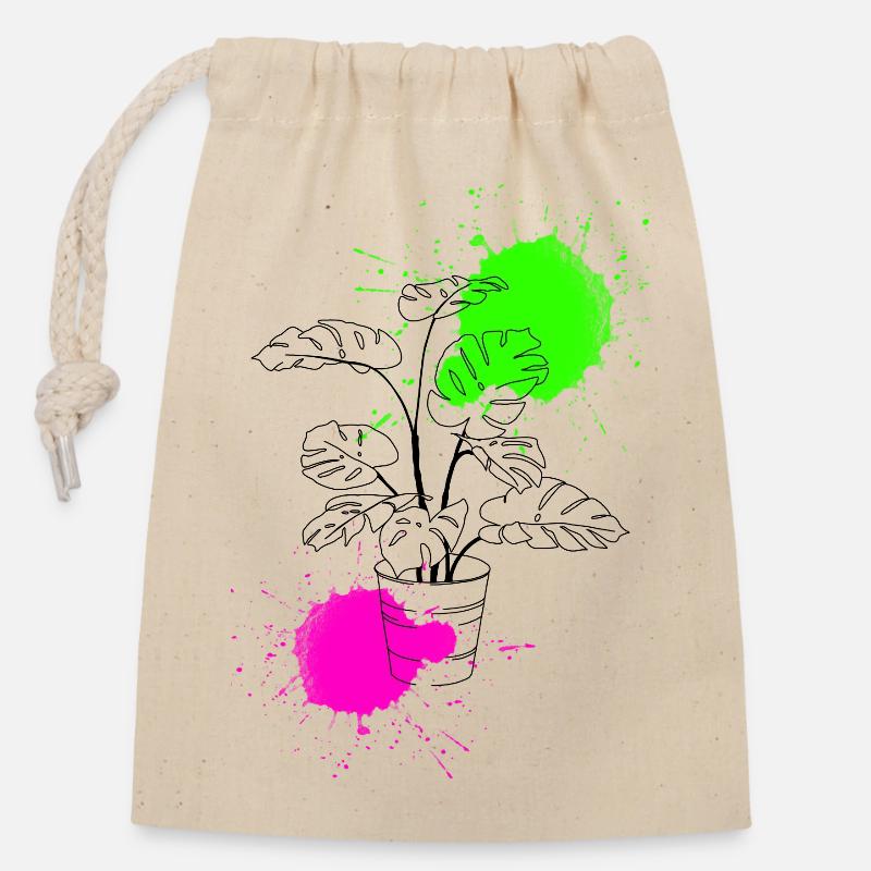 Funky Monstera - Sac cadeau en coton avec cordon (14 x 20 cm) - nature
