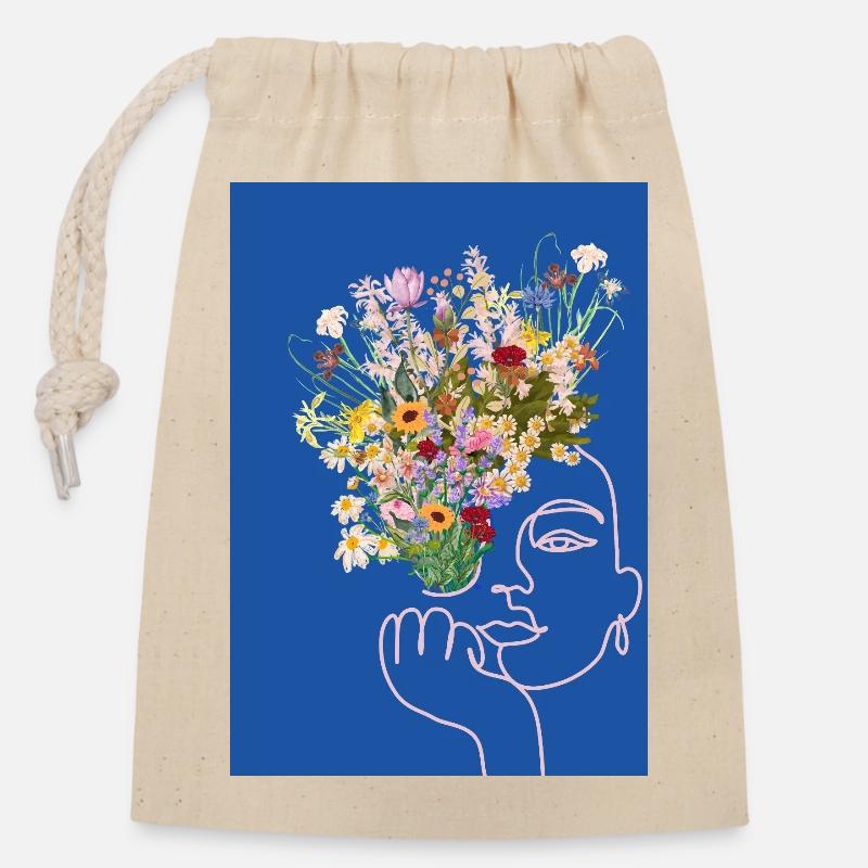 Femme-Fleur - Sac cadeau en coton avec cordon (14 x 20 cm) - nature