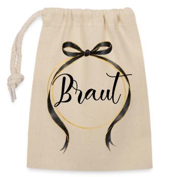 TEAM BRAUT! Kreis Schleife Schwarz Gold - Verschließbarer Geschenkbeutel aus Baumwolle (14x20cm) - Natur - Vorne