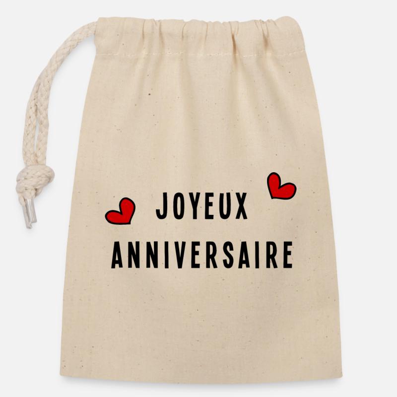JOYEUX ANNIVERSAIRE - Sac cadeau en coton avec cordon (14 x 20 cm) - nature