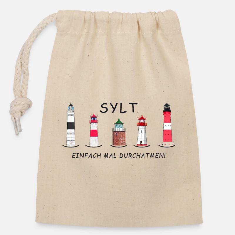 Sylt, Einfach mal Durchatmen, Sylter Leuchttürme - Verschließbarer Geschenkbeutel aus Baumwolle (14x20cm) - Natur