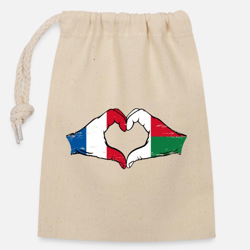 France Madagascar Drapeau Mains Coeur Forme Utilisé - Sac cadeau en coton avec cordon (14 x 20 cm) - nature