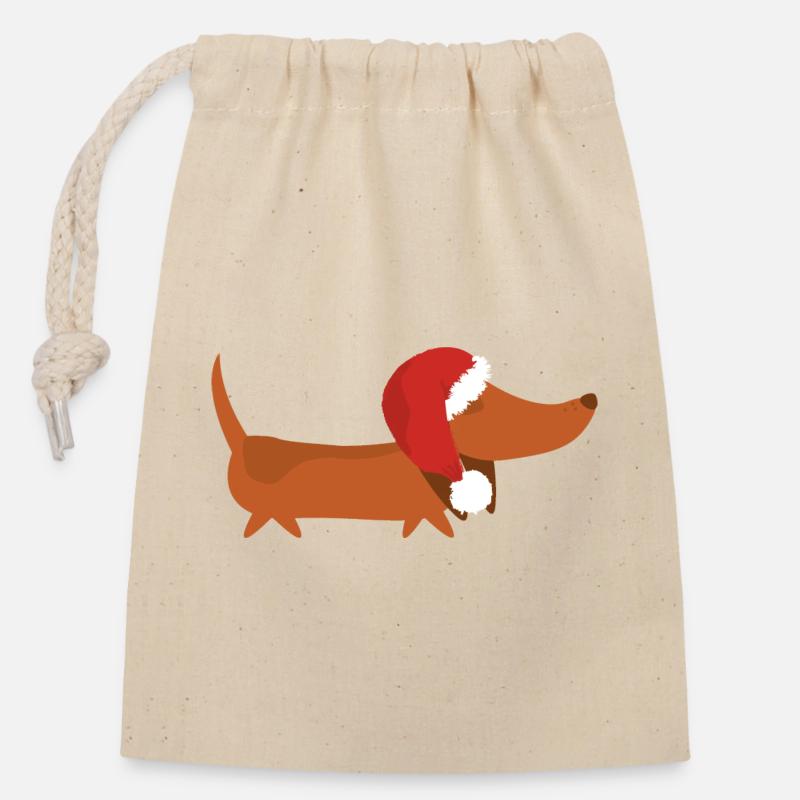 Teckel avec chapeau de Noël - Sac cadeau en coton avec cordon (14 x 20 cm) - nature