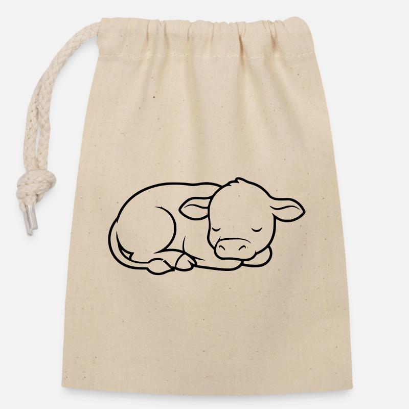 Veau endormi Vache bébé mignon - Sac cadeau en coton avec cordon (14 x 20 cm) - nature
