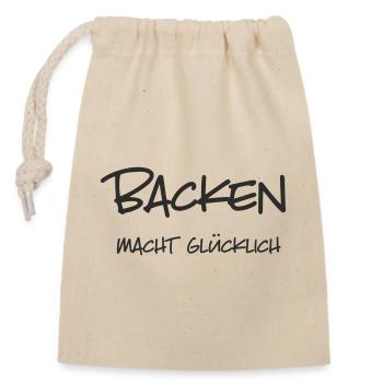 Backen macht glücklich – Lustiger Schriftzug für B - Verschließbarer Geschenkbeutel aus Baumwolle (14x20cm) - Natur - Vorne