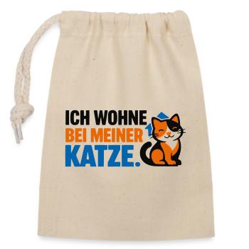 Ich wohne bei meiner Katze – Buntes Katzenmotiv mi - Verschließbarer Geschenkbeutel aus Baumwolle (14x20cm) - Natur - Vorne