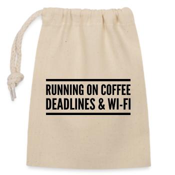 Powered by coffee, delays, and Wi-Fi - Closable cotton gift bag (14x20cm) - nature - Front