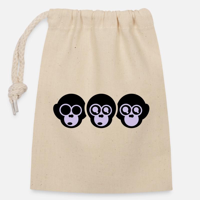 trois singes - Sac cadeau en coton avec cordon (14 x 20 cm) - nature