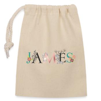 JAMES Namenskunst mit gestickten Blumen - Verschließbarer Geschenkbeutel aus Baumwolle (14x20cm) - Natur - Vorne