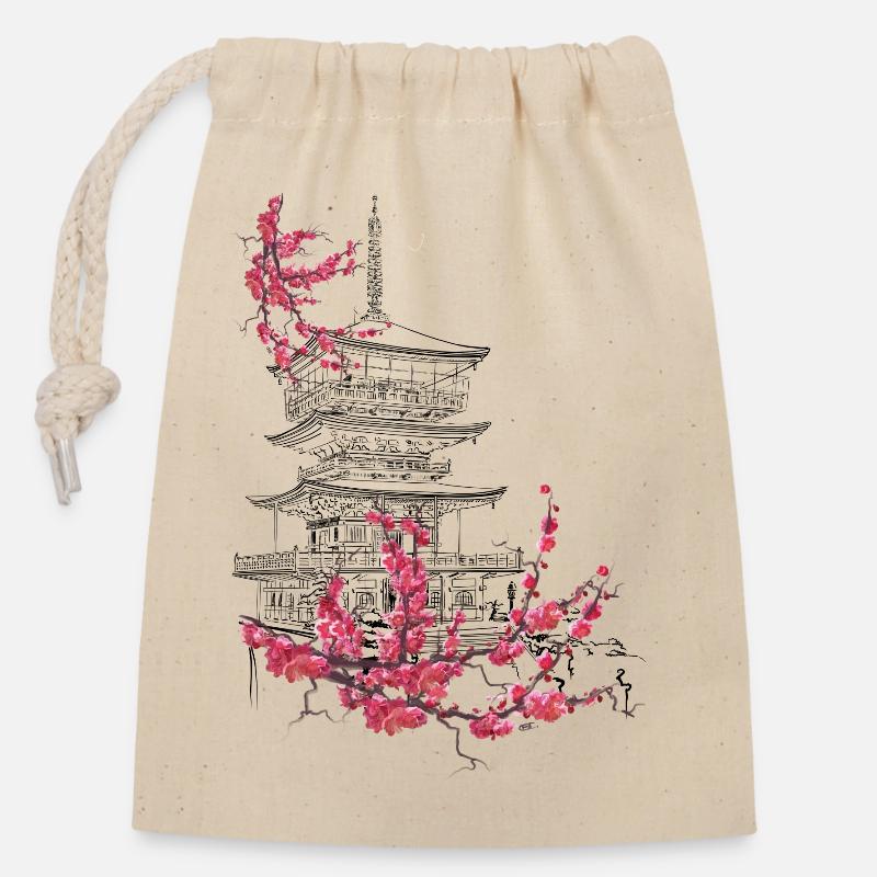 Pagode und Sakura - Verschließbarer Geschenkbeutel aus Baumwolle (14x20cm) - Natur