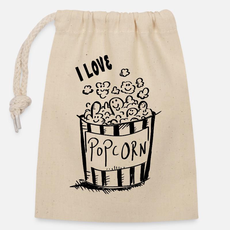 J'adore pop-corn - I love pop-corn - Sac cadeau en coton avec cordon (14 x 20 cm) - nature