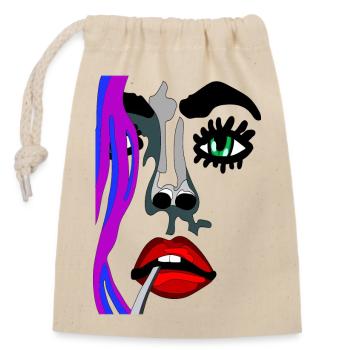 Model face with red mouth and green eye - Closable cotton gift bag (14x20cm) - nature - Front