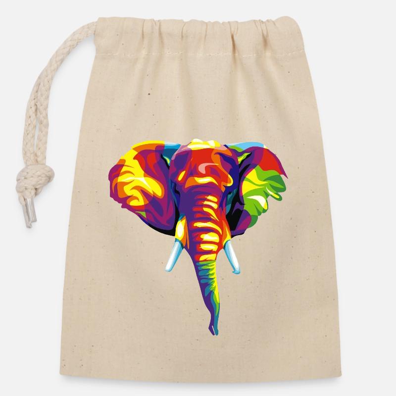 Éléphant avec motif abstrait coloré. - Sac cadeau en coton avec cordon (14 x 20 cm) - nature
