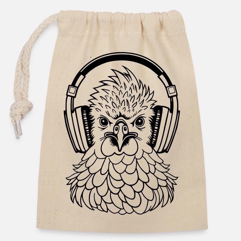 Poulet avec écouteurs - Sac cadeau en coton avec cordon (14 x 20 cm) - nature